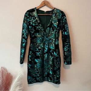 Green sequin and velvet dress